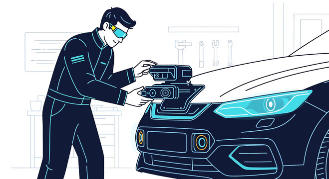 Engineer using AR glasses and 3D scanner on futuristic car in workshop