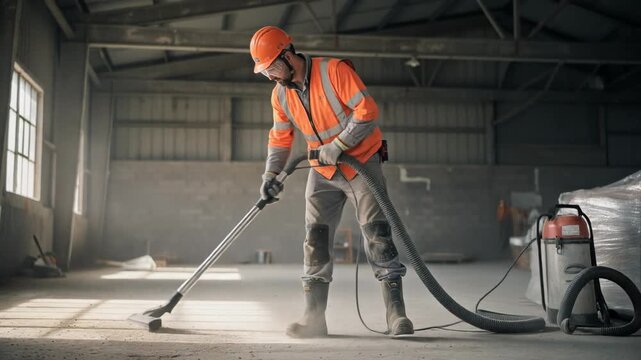 Construction worker in safety gear vacuuming dust in sunlit industrial warehouse