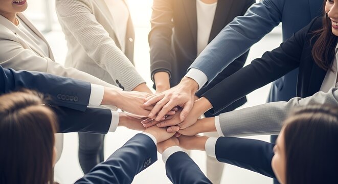 Business team stacks hands together in unity at office