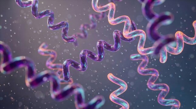 3D render of translucent spiral shaped bacteria floating in a microscopic environment