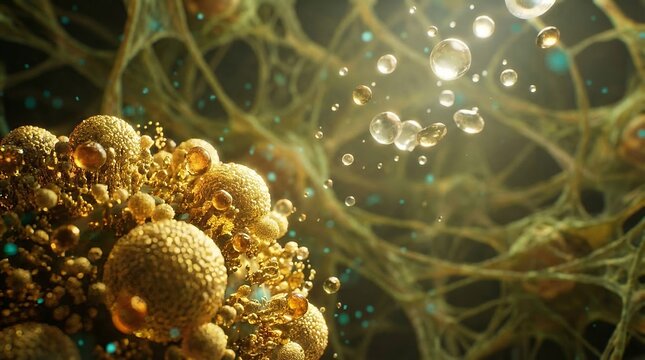 Dense golden cellular aggregates and glowing amber droplets illuminated in a micro fluid
