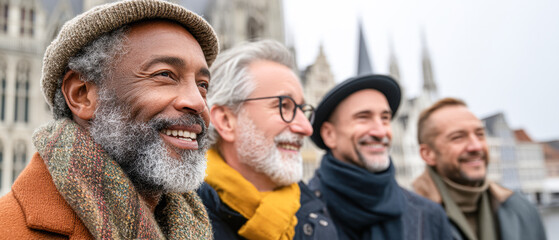 Fototapeta premium Four smiling men outdoors, dressed warmly, with historic buildings and church spires in the background.