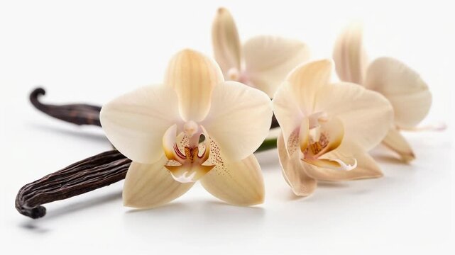 Delicate vanilla orchid flower with rich textured vanilla pods close up natural beauty
