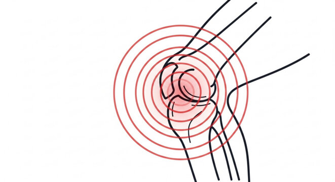 A vector graphic illustration of a knee joint with red concentric circles and black lines radiating from it, representing pain or inflammation.