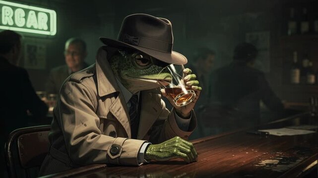 Detective frog in trench coat and fedora sitting alone at dimly lit bar in moody noir scene