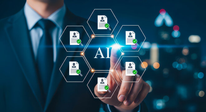 A man in a suit interacting with an ai interface