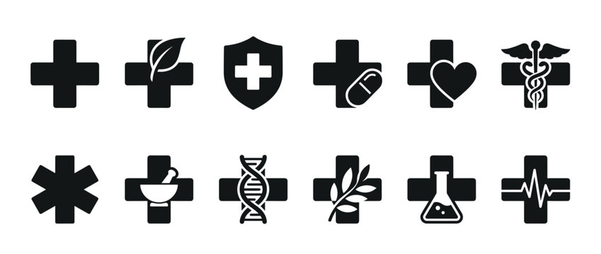 Medical icons set featuring various healthcare symbols including crosses, pills, hearts, DNA, and caduceus for health and wellness designs.