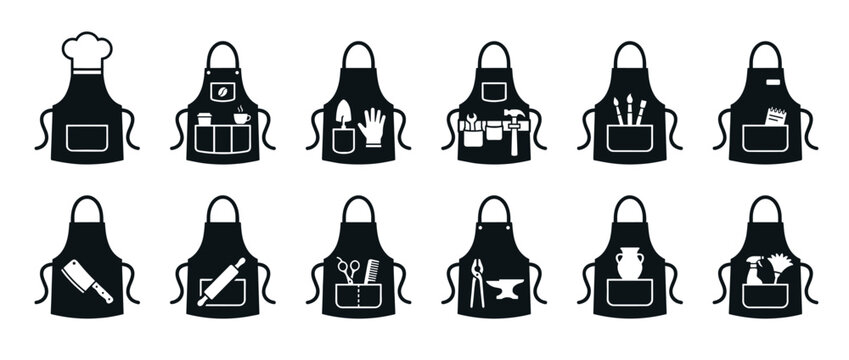 Professional aprons icon set depicting various occupations and hobbies with specific tools and equipment for different trades.