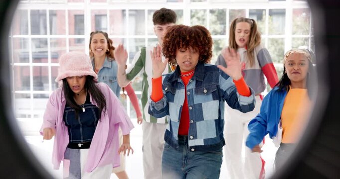 Film video, friends and people dance together for hip hop performance, fashion or content creation. Happy, dancer and live stream for social media, energy or influencer group with studio ring light