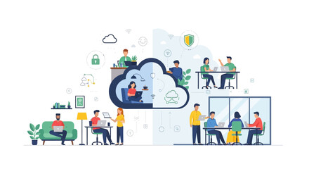 Naklejka premium Hybrid Work & Cloud Computing: Global Team Collaboration, Remote Office Connectivity & Data Security
