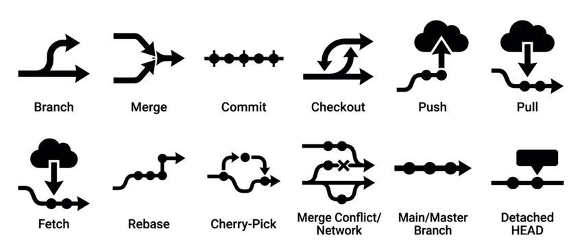 Git version control system icons illustrating various software development operations like branch, merge, commit, push, and pull.