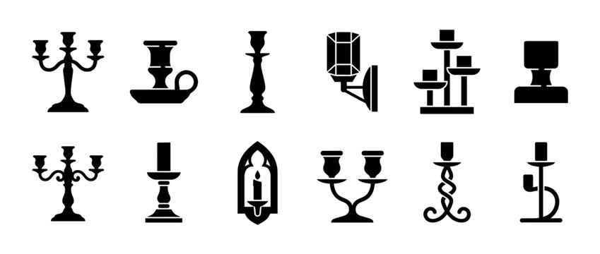 Candle holders icons set featuring various styles of decorative candelabras, candlesticks, and sconces for elegant lighting.