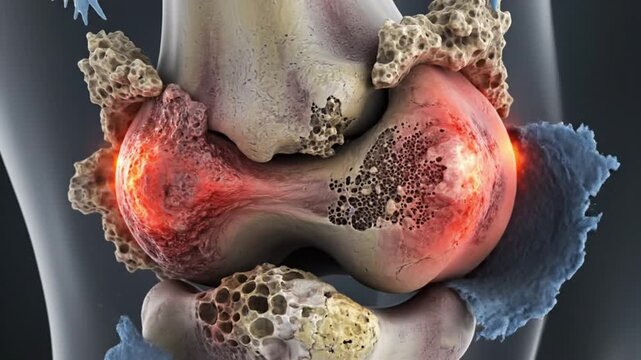 Conceptual 3D animation of a healthy knee joint deteriorating into severe osteoarthritis. Medical visualization of cartilage erosion, bone cracking, and painful joint inflammation.