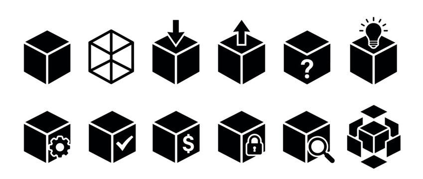 Cube icons set with various symbols representing concepts like input, output, ideas, security, and data processing for digital design.