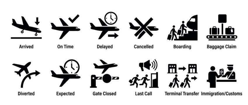 Collection of airport flight status icons illustrating various stages of air travel, including arrival, departure, and passenger services.