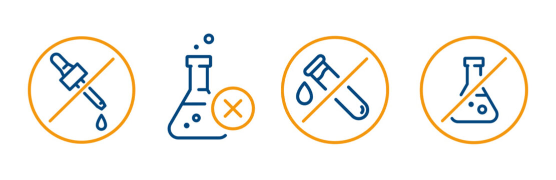 no chemical risk icon, do not preservative, chemical and toxic free, concept natural organic product, outline editable set icons