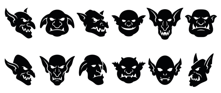 Goblin heads and monster faces collection featuring various fantasy creature silhouettes with sharp teeth and pointed ears.