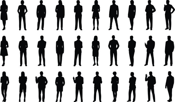 Silhouette people collection, diverse standing poses, business casual attire, professional figures, human posture variety, body language illustration, vector design