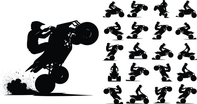 ATV quad bike rider silhouettes performing wheelie stunt extreme off road sport black silhouette collection isolated background adventure concept