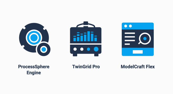 Technology icons: process sphere engine, digital control panel, model craft software and advanced digital process concept, vector illustration