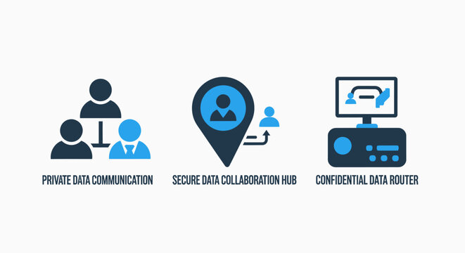 Communication icons: team collaboration, secure data, confidential data router and privacy concept, vector illustration