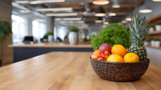 A basket of fresh fruits and vegetables on a wooden table in a modern blurred office setting