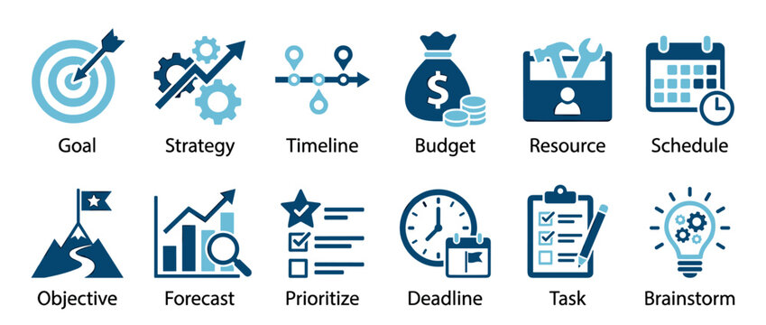 Business planning icons set for project management, strategic development, task organization, and goal achievement, presented in a clean, modern style.