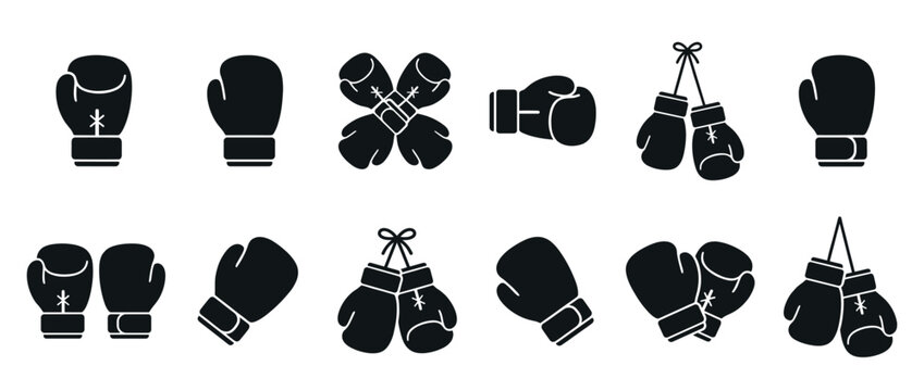 Boxing gloves icons set in black silhouette style, representing combat sports, martial arts, and fitness training equipment.