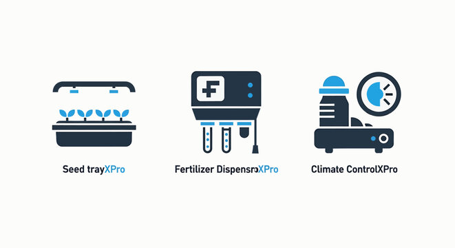 Smart agriculture technology icons: seed growth, fertilizer dosing, and climate control systems for modern farming