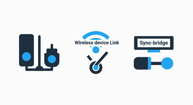 Connectivity and synchronization device icons: wireless link, wired connections, and data bridging for digital systems
