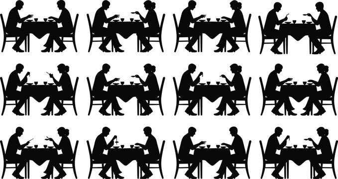 Seamless pattern of dining silhouettes, man and woman at table, eating and drinking, repeated grid design, decorative illustration background