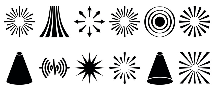 Abstract vector icons collection featuring sunbursts, spotlights, sound waves, and directional arrows for graphic design elements.