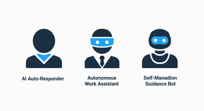 Artificial intelligence assistant icons featuring an AI auto-responder, autonomous work assistant with goggles, and a self-managed guidance bot for automated digital customer support tools