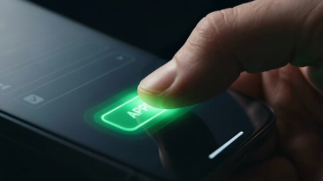 Finger pressing glowing green approve button on smartphone screen, close-up. Digital authorization and secure transaction concept.