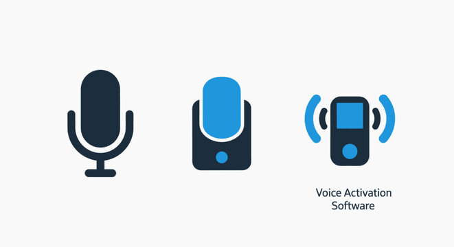 Voice activation and audio recording software icons including a studio microphone, mobile voice recorder, and smartphone with sound wave signals for speech recognition technology applications