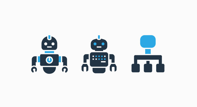 Artificial intelligence and robotics icon collection featuring automated bot characters and system hierarchy structure diagram for machine learning and digital automation technology concepts