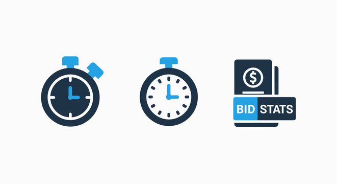 Financial auction and time management icon set including stopwatch clocks for deadlines and bid statistics document with dollar sign symbol for real estate or online bidding platform displays