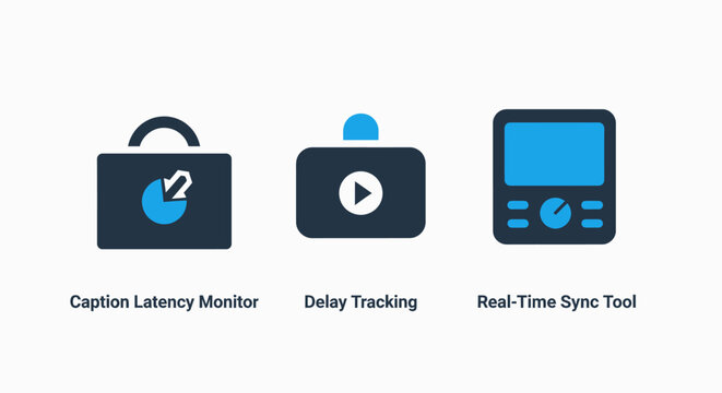 Professional production and broadcasting sync tools featuring caption latency monitor delay tracking camera icon and real-time synchronization dashboard symbols for media editing suites