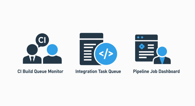 Software development pipeline and continuous integration icons showcasing build queue monitor task management and job dashboard symbols for devops and programming workflow operations projects