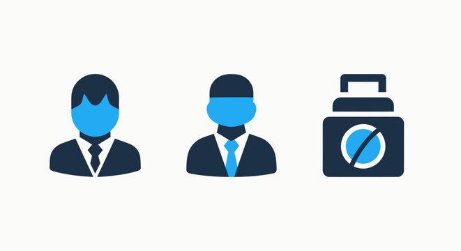 Security management and user access control icons featuring specialized profile avatars and restricted storage case with forbidden symbol for data protection and identity security protocols
