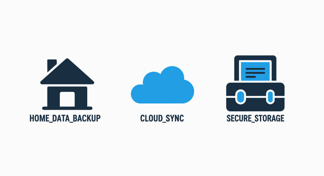 Cloud storage and home data backup icon collection featuring secure file sync and remote network concepts for information technology and digital security