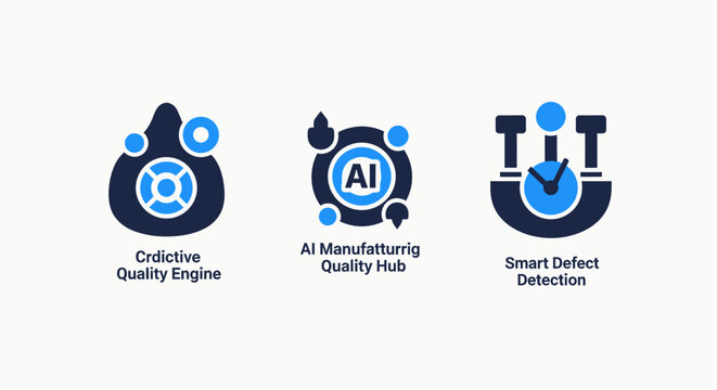 Industrial artificial intelligence and quality control icons set with manufacturing engine AI hub and defect detection sensors for smart factory automation and production management systems