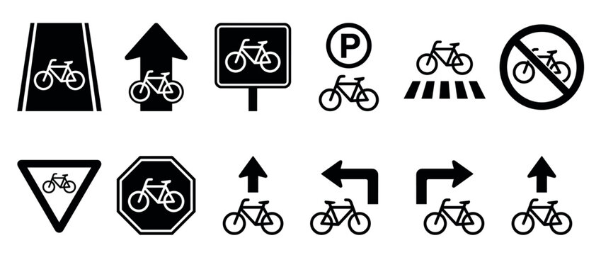 Bicycle road signs and cycling icons collection for traffic, parking, and directional information on routes.