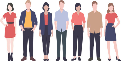 Obraz premium Diverse group of illustrated people standing together, casual and professional outfits, workplace diversity, fashion design, character illustration, teamwork concept