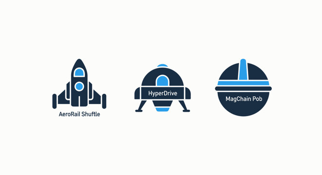 Advanced space exploration icons featuring a spacecraft rocket, a lunar lander mission module, and a magnetic transport pod for scientific discovery and futuristic aerospace engineering