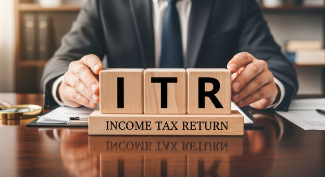 Businessman presenting wooden blocks with ITR letters and income tax return text on a desk with documents and a calculator in the background