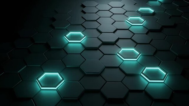 Futuristic glowing teal hexagons rising from dark grid in a digital sci fi landscape with soft pulsing lights