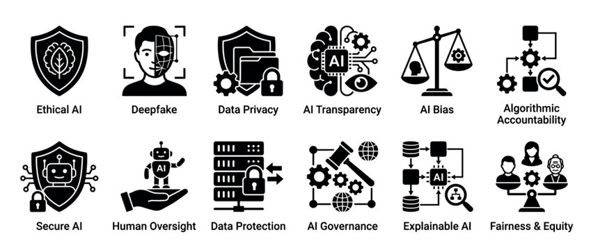 Artificial Intelligence ethics, security, and governance icons illustrating key principles for responsible AI development and implementation.