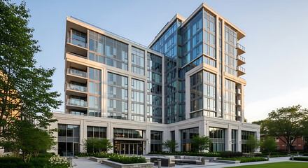 Obraz premium A sleek modern condominium building rises high with glass facades and balconies.