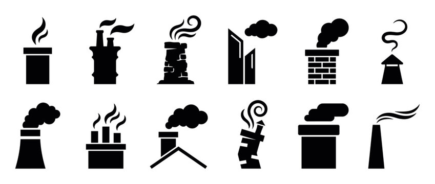 Chimney smokestack smoke pollution icons set featuring various industrial and residential chimney designs emitting fumes and steam, representing environmental concerns.